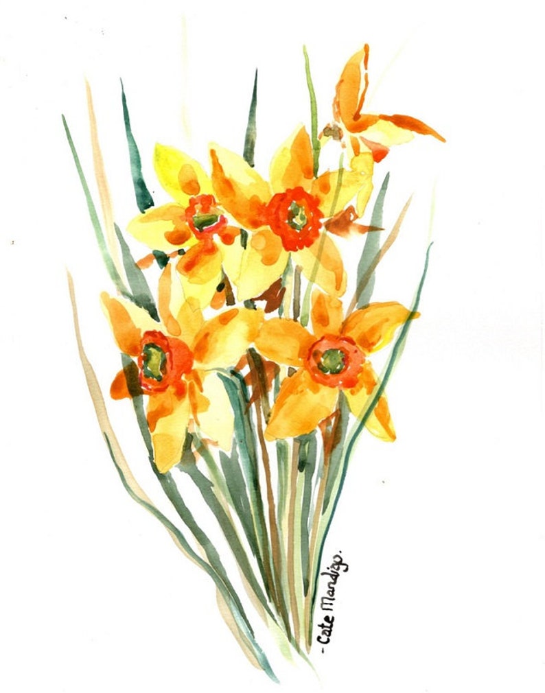 nature painting Daffodils birthday rich yellow gold and orange kids room gift botanical Cate Mandigo Art watercolor original art