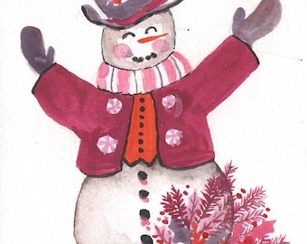 Small Cute Snowman, 5x 7 inch original watercolor painting, Cate Mandigo art, winter scene, folk art