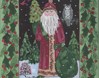 Saint Nick in the Forest, original Cate Mandigo 8x10 inch acrylic on stretched canvas, folk art Santa, owl painting