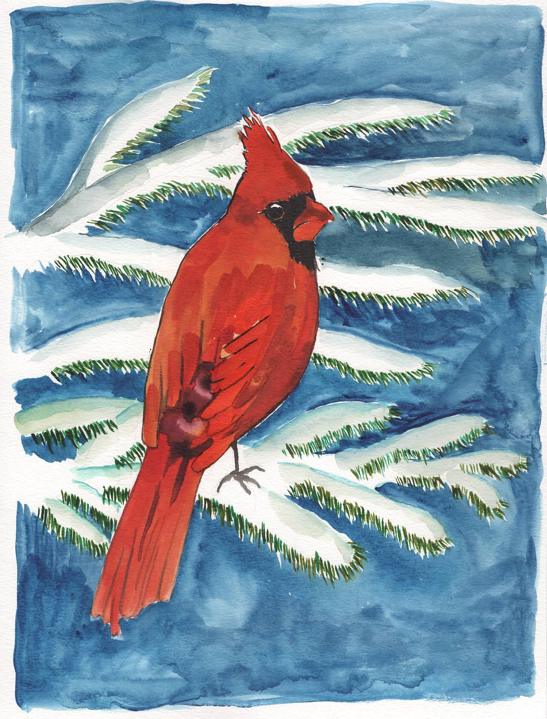 Christmas Cardinal on a Snowy Branch watercolor painting, original 9x12 inch Cate Mandigo original painting, gift for bird lover