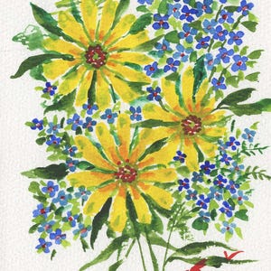 Yellow and Blue flowers painting, 5x7 inch original Cate Mandigo watercolor floral art, blue forget-me-nots and yellow daisies art