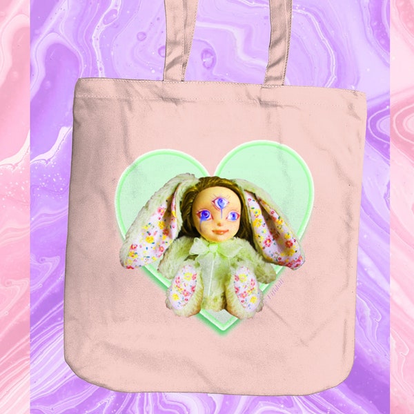 Creepy Cute Pastel Doll Repaint Bunny 3-eyes Kawaii Tote Bag