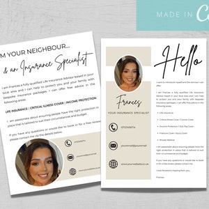 May include: A beige and white business card with a photo of a woman and the text "I'm your neighbour... & an Insurance Specialist" and "Frances Your Insurance Specialist". The card lists the services offered, including Life Insurance, Critical Illness Cover, and Income Protection. The card also includes contact information, including a phone number, email address, and website.