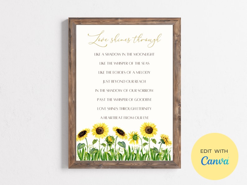 Sunflower Funeral Poem Ready to Print, Celebration of Life, Memorial