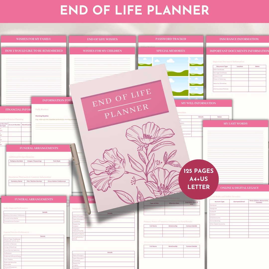End of Life Planner Printable Emergency Planner Pink Emergency Binder ...