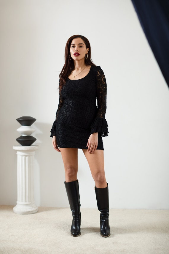Vintage Black Lace Poet Sleeve Mini Dress