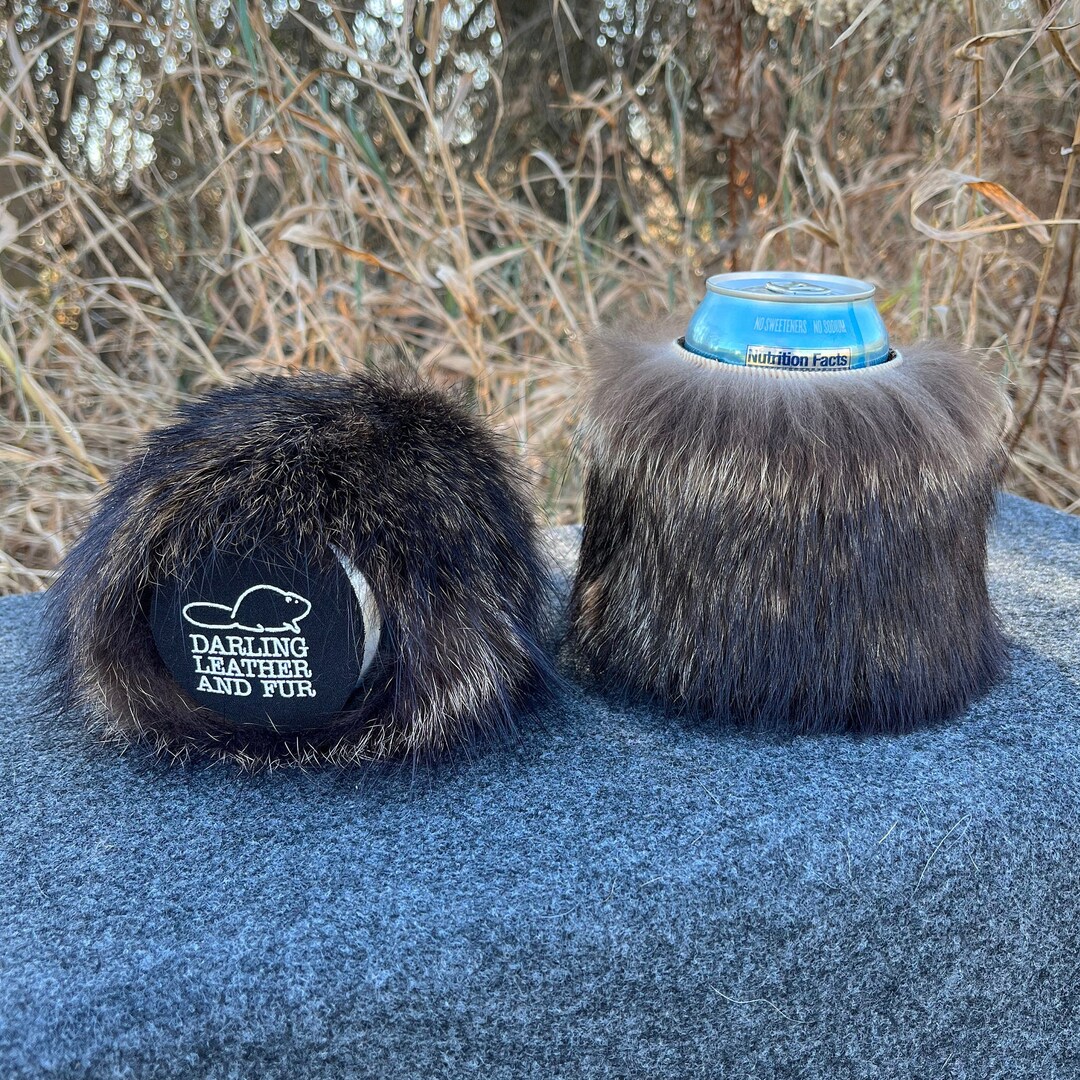 Raccoon Fur Can Cooler Coozie Cozy Darling Leather and Fur Etsy