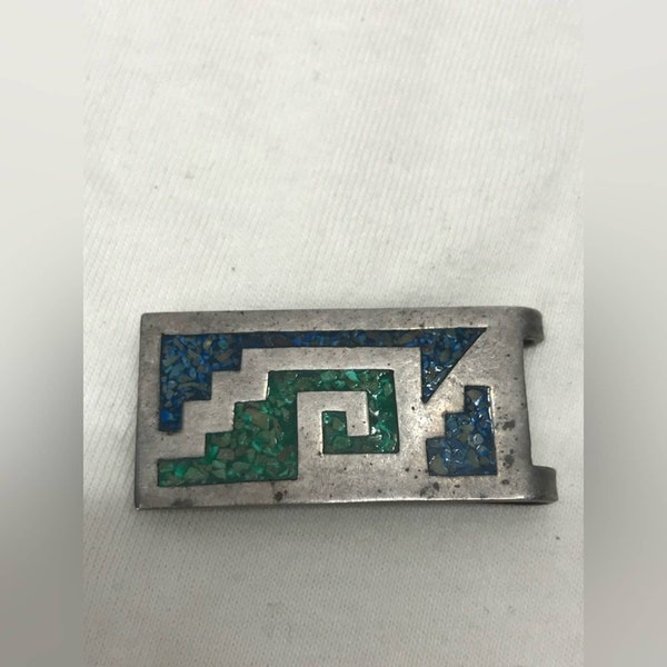 Vintage Taxco Mexico Silver Turquoise and Lapis Inlay Money Clip