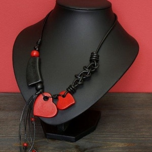 Women&#39;s Hearts Necklace, Hand crafted from ceramic beads, metal (silver plated with patina), leather cord, DK210