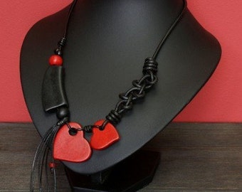 Women's Hearts Necklace, Hand crafted from ceramic beads, metal (silver plated with patina), leather cord, DK210