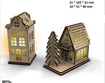 Casa de Natal de madeira cortada a laser com iluminação: Projeto de compensado 3D (download digital)