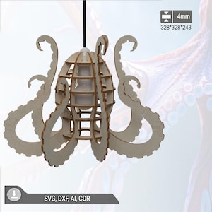 Könnte beinhalten: Eine hölzerne Pendelleuchte in Form eines Oktopus. Die Leuchte hat einen kugelförmigen Körper mit einem käfigartigen Design und langen, gebogenen Tentakeln. Sie hängt an einem schwarzen Kabel. Der Text "SVG, DXF, AI, CDR" ist ebenfalls enthalten. Abmessungen: 328x328x243mm.