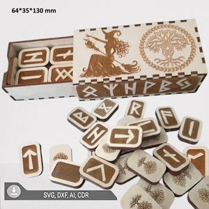 Wooden runes set in gift box laser cut files Wood Burned Hand Carved Elder Futhark Runes Set