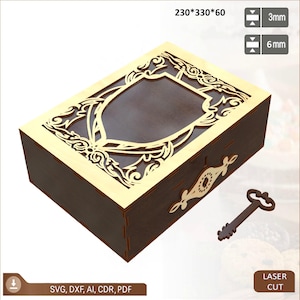 Caixa decorativa com fechadura, arquivo cortado a laser, caixa de joias, baú de madeira rústico cortado a laser com tampa articulada com fechadura