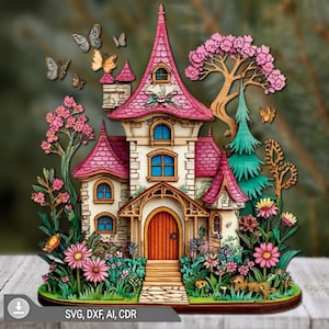 May include: A whimsical wooden fairy house with pink roof tiles, a red door, and blue window frames. The house is surrounded by colorful flowers, trees, and butterflies. The base of the house has the text "SVG, DXF, AI, CDR".