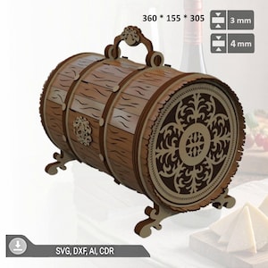 Könnte beinhalten: Eine dekorative Holzbox in Fassform mit Griff, aufwendigen Ausschnitten und dekorativen Füßen. Das Fass ist braun mit helleren Holzakzenten und misst 36,0 x 15,5 x 30,5 cm. Der Text "SVG, DXF, AI, CDR" ist ebenfalls enthalten.