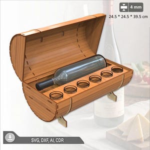 May include: A wooden wine box with a barrel-like design, holding a wine bottle and six small glasses. The box is made of light brown wood and has a hinged lid. The dimensions are 9.6 x 9.6 x 15.5 inches. The image also includes the text "SVG, DXF, AI, CDR".