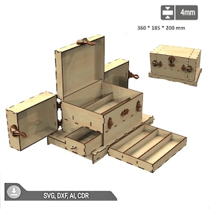 Könnte beinhalten: Eine hellbraune Holzkiste mit mehreren Fächern und Schubladen, mit einem Klappdeckel und Seitenwänden. Die Kiste hat dekorative Metallbeschläge. Abmessungen: 360 x 185 x 200 mm. Der Text "SVG, DXF, AI, CDR" ist ebenfalls vorhanden.