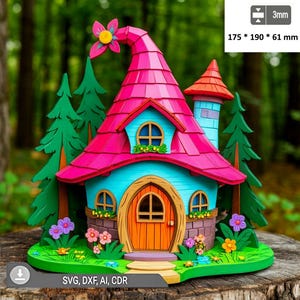Puede incluir: Una colorida casa de hadas con techo rosa, paredes azules y puerta naranja. La casa está rodeada de árboles verdes, flores y una base verde. Dimensiones: 17,5 x 19,0 x 6,1 cm.