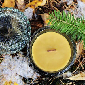 Beeswax candle in vintage style colored glass jar with wooden wick image 2