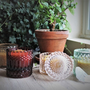 Beeswax candle in vintage style colored glass jar with wooden wick Rose Quartz