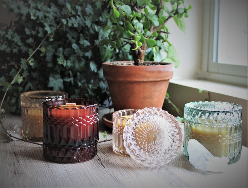 Beeswax candle in vintage style colored glass jar with wooden wick Rose Quartz