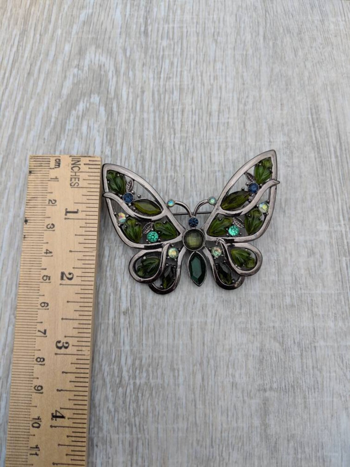 Gunmetal Grey Metal and Various Green and Blue Rhinestones and - Etsy