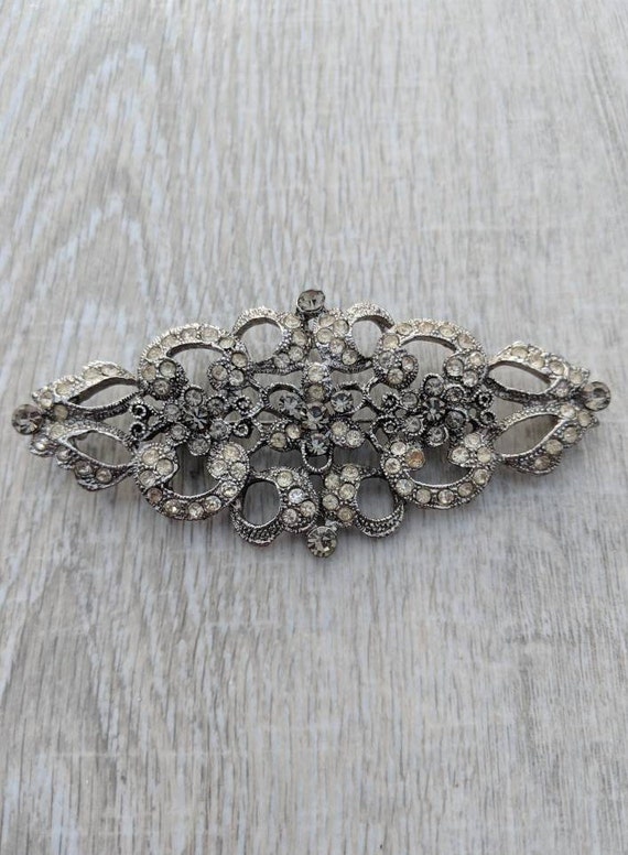 Very Large Clear and Smoky Rhinestone Floral Filig