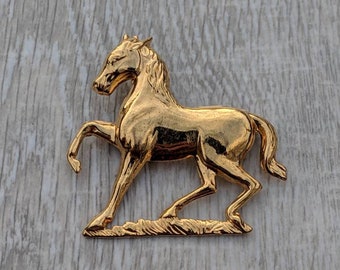 Repoussé Style Gold Tone Prancing Horse Brooch