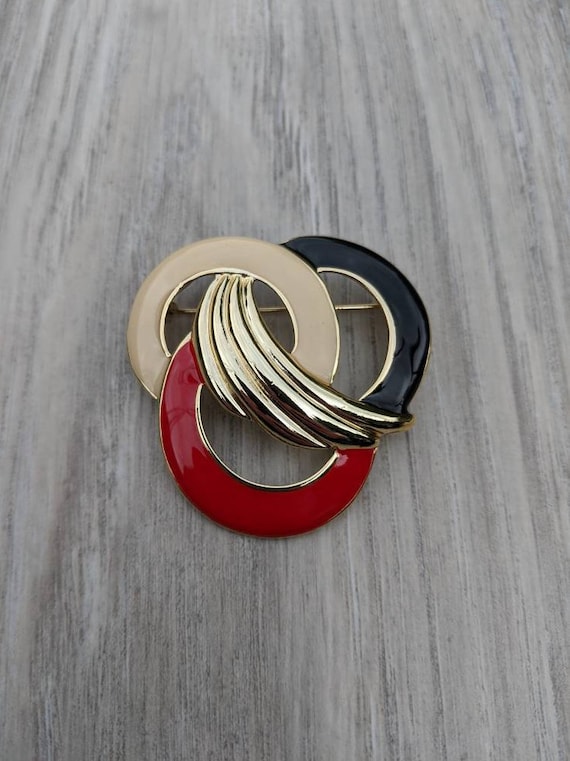 Black, Red, and White Glossy Enamel and Gold Tone 