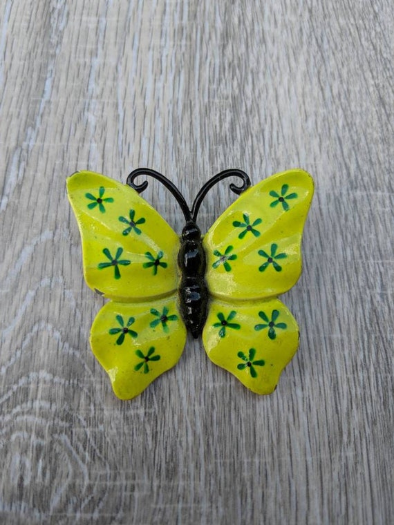 Lime Green, Teal, and Black Enamel Butterfly Brooc