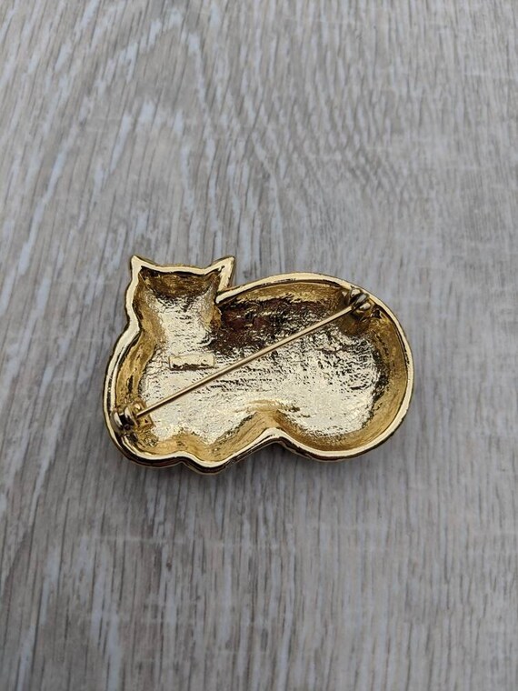 AJC Satin and Glossy Finish Gold Tone Metal Line of Crazy Quilt Patchwork Cats Brooch