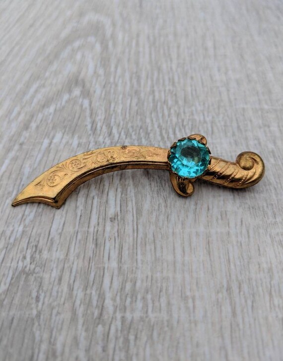 Aqua Rhinestone and Gold Tone Scimitar Brooch - image 6