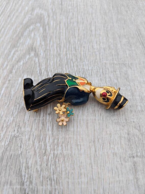 Colorful Enamel and Gold Tone Metal Clown in a Three Piece Suit with a Bouquet of Flowers Brooch View 6