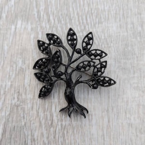 Black Enamel and Silver Tone Metal Tree Brooch