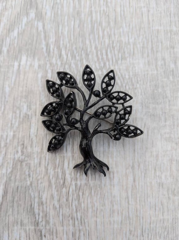 Black Enamel and Silver Tone Metal Tree Brooch