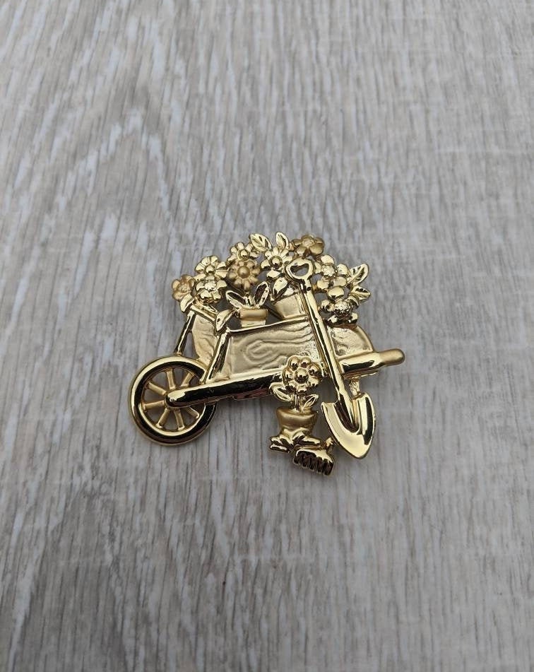 AJC Glossy and Satin Finish Wheelbarrow, Flowers, and Spade Garden Brooch