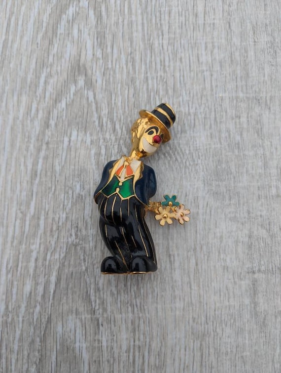 Colorful Enamel and Gold Tone Metal Clown in a Th… - image 1