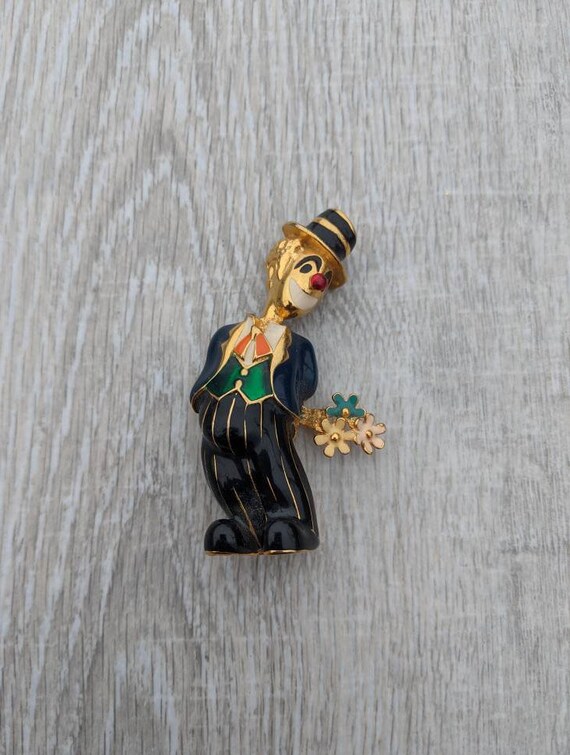 Colorful Enamel and Gold Tone Metal Clown in a Three Piece Suit with a Bouquet of Flowers Brooch