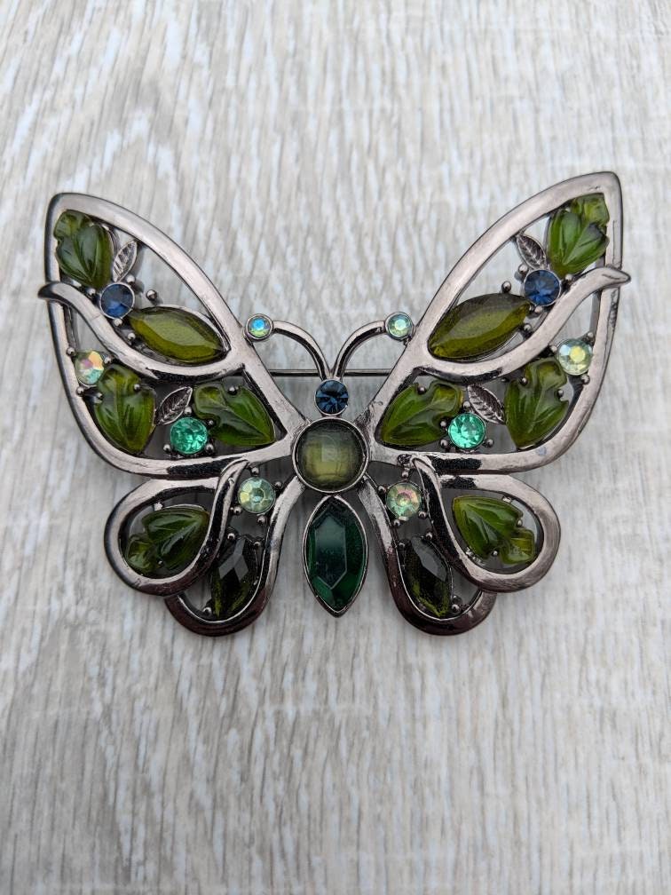 Gunmetal Grey Metal and Various Green and Blue Rhinestones and - Etsy
