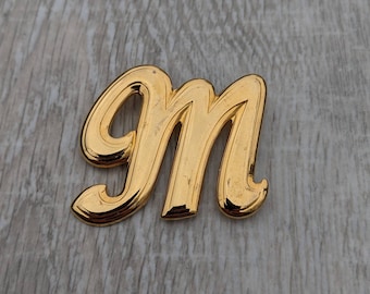 18K Gold Plated Cursive Capital Letter M Initial Monogram Brooch