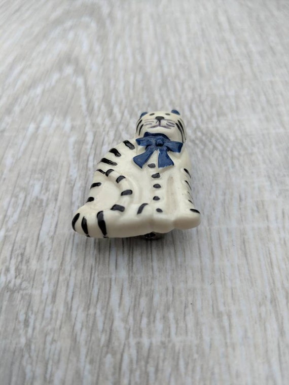 White Resin Cat with Black Stripes and a Navy Blu… - image 9