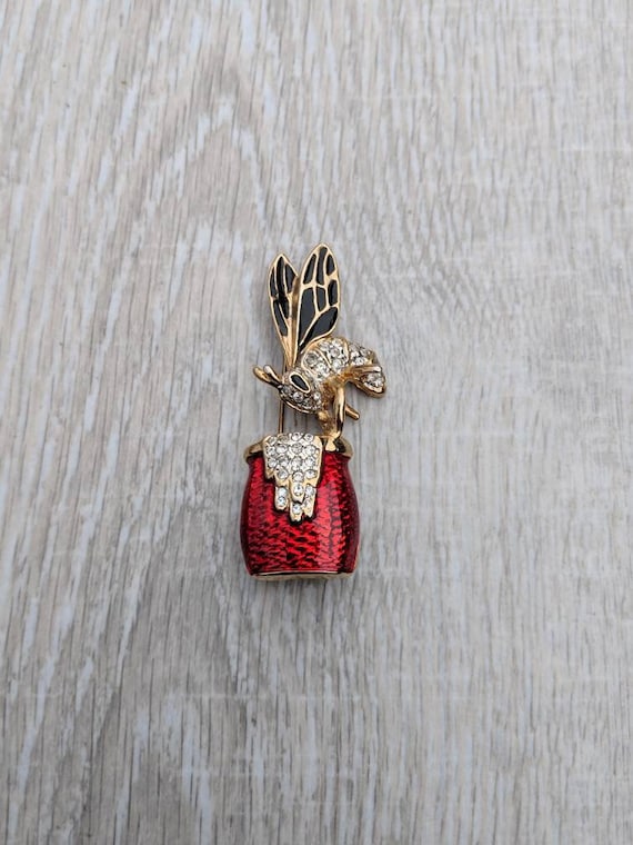 Rhinestone and Enamel Bee and Honey Pot Brooch