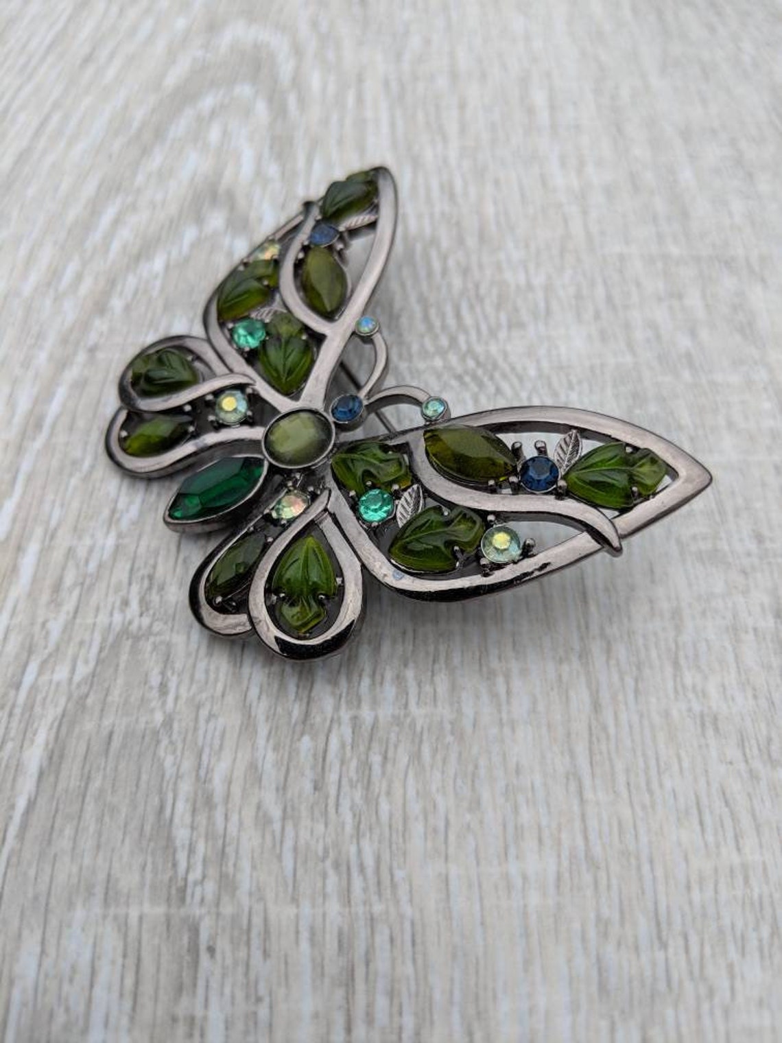 Gunmetal Grey Metal and Various Green and Blue Rhinestones and - Etsy