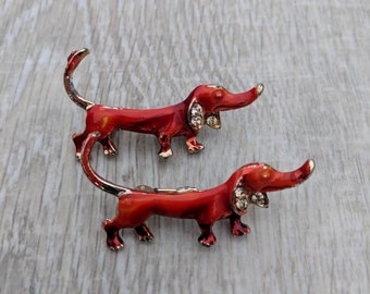 Pair of Midcentury Red Enamel and Rhinestone Dachshund Brooches