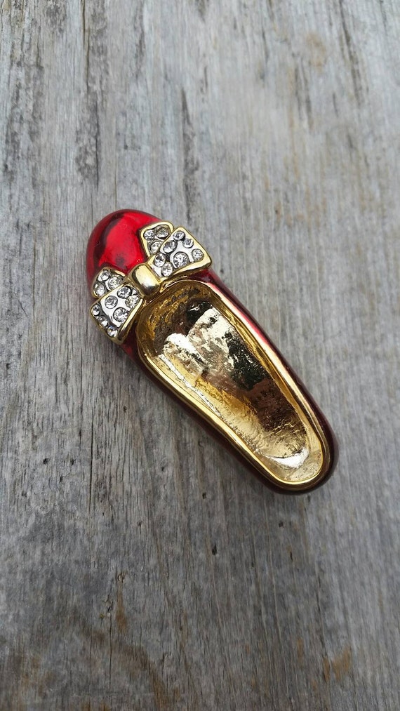 Enamel and Rhinestone Ruby Slipper Brooch - image 8