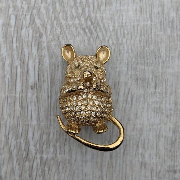 Sphinx Rhinestone Encrusted Three Dimensional Gold Tone Mouse or Rat Rodent Brooch