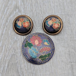 Colorful Cloisonné Enamel Hibiscus Flowers and Butterflies Brooch and Earrings Set