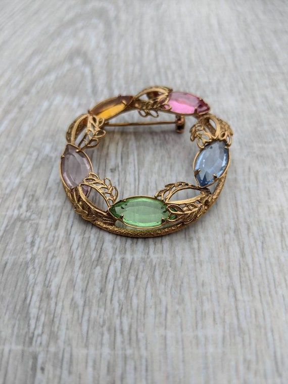 Colorful Pastel Rhinestone and Gold Tone Metal Le… - image 7