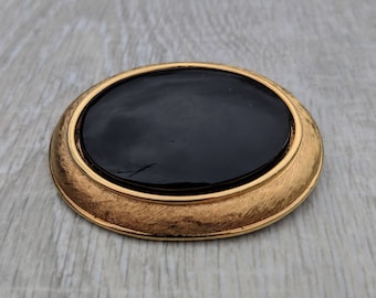 Napier Glossy Black Cabochon and Brushed Gold Tone Oval Brooch